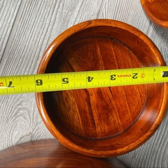 Vintage wooden glossed large salad bowl and 4 serving bowl with fork and spoon - Picture 8 of 8